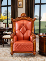 Nouveau fauteuil de salon en cuir véritable de style européen avec roulettes |   Fauteuil individuel en cuir pleine fleur avec pieds en métal pour salons