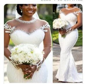 Robe de mariée sirène africaine 2026, col rond illusion, perles, manches longues transparentes, tulle lourd scintillant, coupe ajustée - Product Image 2