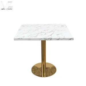Mobiliário de design moderno, branco, quadrado, mármore falso, ouro, aço inoxidável base de mesa de jantar