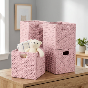 Pink Square Storage <b>Baskets</b> With Handles Stackable <b>For</b> Children's Toy Storage Cute <b>Plant</b> Fiber <b>Basket</b> - Product Image 4