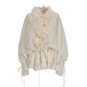 WIWT Elegante Damen Chiffon-Bluse mit 3D-Blumenmuster, Rüschenkragen, Laternenärmeln, lockerer Passform, lässige Party-Oberteile für Damen - Product Image 5
