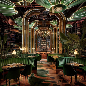 Conjunto de Sillas y Mesa para Restaurante Occidental, Tapicería de Terciopelo Verde Esmeralda, Sofá Ecológico de Alta Gama para 6 Personas, Estilo Moderno para Hotel - Product Image 1