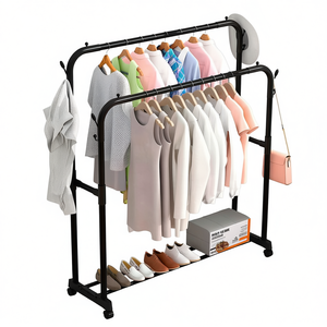 Porte-vêtements à double niveau Myrva avec étagère à chaussures et miroir, rangement de vêtements en métal sur pied pour armoire, design moderne - Product Image 1