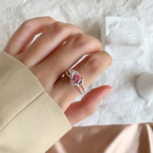 Dylam Ins Hot Double Layered Sterling Silver 925 White Gold Pink Zircon Stone S925 <b>Rings</b> Adjustable Hollow Open <b>Ring</b> - Product Image 2