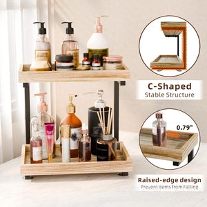 Estante de almacenamiento de madera de doble capa para encimera de baño, para artículos de aseo, productos de cuidado de la piel, expositor de tocador de 2 niveles independiente - Product Image 3