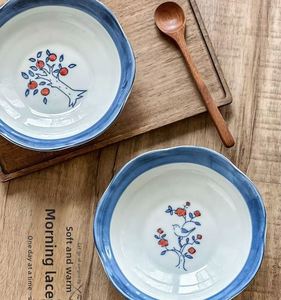 Japanese Ruffled Shallow Bowl, Hand Painted Under-glaze Color <b>Ceramic</b> <b>Plate</b> for Fruit & Food - Product Image 1