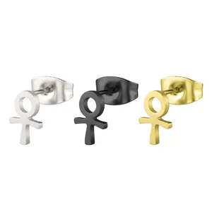 Silver/Gold/Black plated delicate simple ear jewelry stainless steel egyptian african ankh cross stud earrings for men women