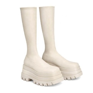 Bottes hautes pour femmes à double couche, bout carré, semelle épaisse, talons compensés sur plateforme haute, bottines longues - Product Image 2