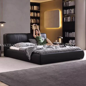 מבצע חם! מיטת קינג סייז מעור שחור אמיתי, דגם טופ גריין, בסגנון איטלקי מינימליסטי, מיטת רצפה בצורת בלוק טופו, מיטה שחורה לחדר שינה ראשי - Product Image 1