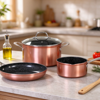 Ensemble de 3 casseroles en granit rose doré antiadhésives, en aluminium, avec couvercles en verre et fond à induction