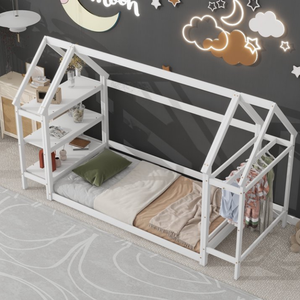 Cama Doble Infantil <span class=keywords><strong>de</strong></span> <span class=keywords><strong>Madera</strong></span> con Diseño <span class=keywords><strong>de</strong></span> Cabaña, Cama <span class=keywords><strong>de</strong></span> Piso a Techo, Estante Móvil y Armario en Color Blanco - Product Image 3