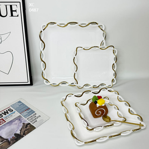 Juego de platos y cuencos cuadrados de <span class=keywords><strong>porcelana</strong></span> blanca de lujo ligera creativa con galvanoplastia dorada - Product Image 1