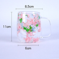 Tasse en verre créative 350 ml à double paroi, résistante à la chaleur, avec fleurs séchées, avec anse, pour jus, bière, lait