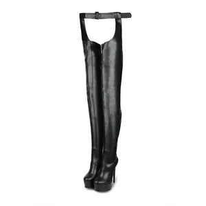 Women's chunky heel boots Fringe thigh-high platform shoes with belted over-the-knee boots for women