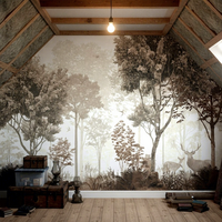Papier peint de peintures murales de forêt d'animaux de cerf de paysage naturel rétro pour la décoration murale intérieure