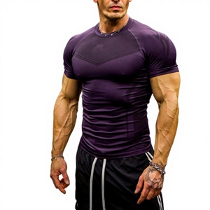 T-shirt de compression à manches courtes pour homme, couleur violette, coupe ajustée, séchage rapide, col rond, tricoté en polyester, idéal pour l'entraînement sportif - Product Image 1