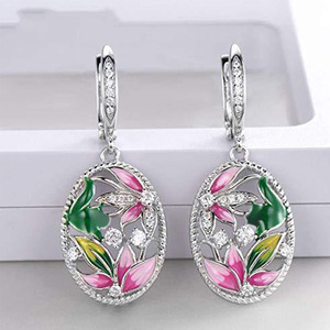 Orecchini pendenti floreali alla francese, eleganti orecchini pendenti ovali smaltati, gioielli romantici di San Valentino per donna - Product Image 2