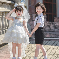 Ensemble de robes d'anniversaire pour enfants, nouveau style nature, longueur genou, en polyester (Terylène) avec nœuds et voiles décoratifs pour filles - Vente en gros
