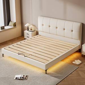 <span class=keywords><strong>Lit</strong></span> en cuir avec cadre en bois massif de style crémeux, design moderne et minimaliste, dossier rembourré, <span class=keywords><strong>lit</strong></span> avec rangement - Product Image 2