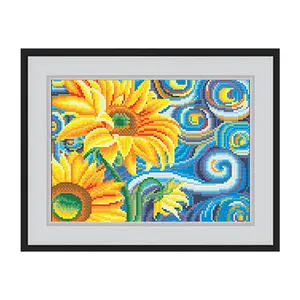 Pintura de diamantes luminosa 5d, venta al por mayor, girasoles <span class=keywords><strong>impresionistas</strong></span>, Kits Diy de diamantes de bordado, decoración de pintura de arte de pared para el hogar - Product Image 1