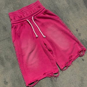 <span class=keywords><strong>Pantaloncini</strong></span> Estivi da <span class=keywords><strong>Uomo</strong></span> Personalizzati OEM in Cotone Pesante con Lavaggio Acido, Coulisse, Strass, Doppia Vita, <span class=keywords><strong>Rosa</strong></span>, Stile Streetwear, Effetto Vissuto - Product Image 2