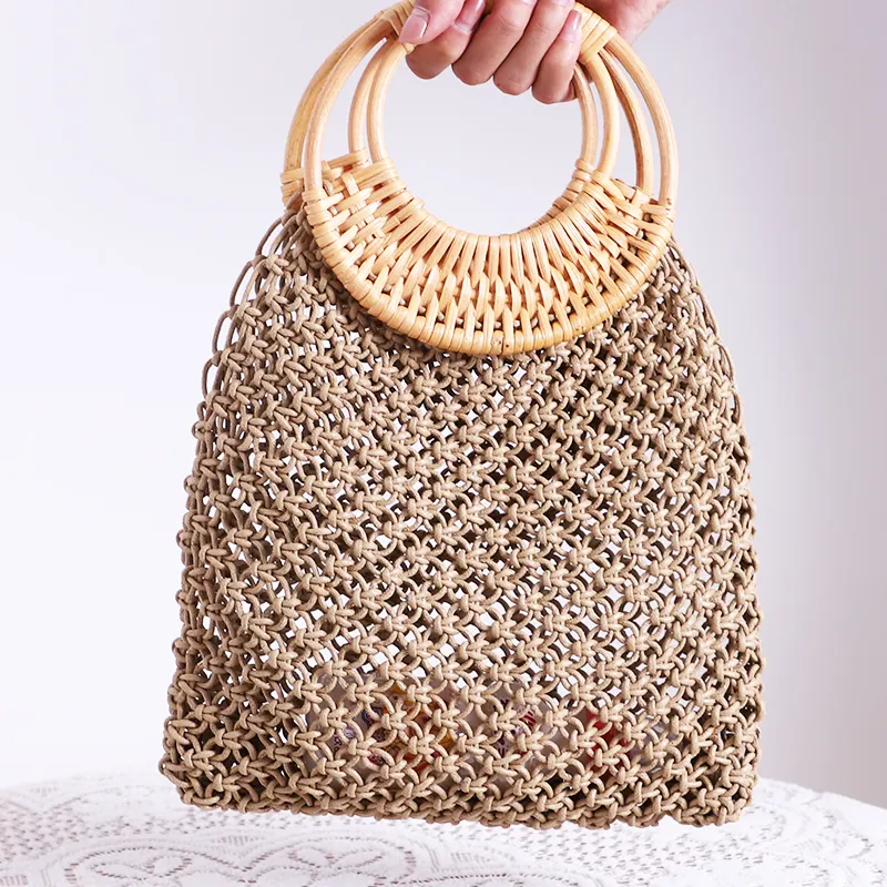 El yapımı moda yüksek kalite özel yeni tasarım doğal pamuk halat çanta kadın yaz tote alışveriş çantası