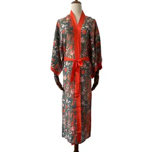 Groothandel Custom Zijde Strand Cover Up Jurk Lange Kimono Vest Gewaad Kimono Dames