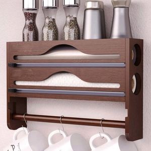 Boîte de Rangement en Bambou pour Film Alimentaire et Papier d'Alu avec Coupe-Papier Intégré, Porte-Serviettes Mural et Compartiment Caché pour Grattoir Multi-usages - Product Image 5