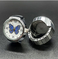 Angesagter Fingerring-Uhr, Damen-Zifferblatt Quarz-Fingerring-Uhr mit Schmetterling, Elastischer Mini-Vintage-Uhrring