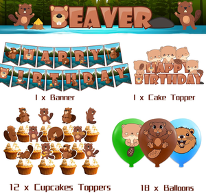 Décorations d'anniversaire sur le thème du <span class=keywords><strong>castor</strong></span> : Bannières Joyeux Anniversaire, Guirlande de drapeaux, Décoration de gâteau, Décorations de cupcakes, Ballons imprimés à l'hélium, Décorations de jouets - Product Image 5