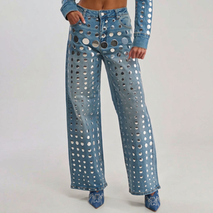 Jeans de Mezclilla de Cintura Alta y Pierna Ancha con Bloques de Color, Diseño Ecológico, Corte Asimétrico Holgado, Estilo Urbano para Mujer - Product Image 1