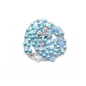 2021 nuova medaglia croce crocifisso tono argento rosari azzurro perla fiore perline <span class=keywords><strong>rosario</strong></span> collana cattolica - Product Image 2