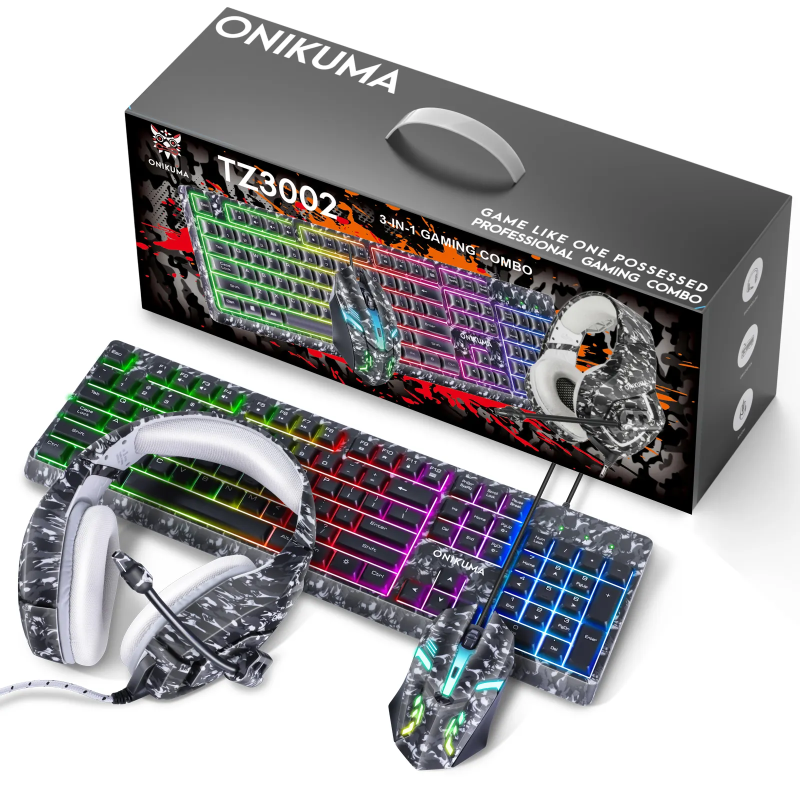 Onikuma tz3002 3 n 1 Camo bàn phím màu xám chuột Combo chơi Game Led Ergonomic bàn phím và chuột và bàn phím Combo