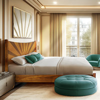 Cama de Plataforma de Madera Maciza Resistente al Agua con Cabecera Art Deco con Diseño de Atardecer Dorado para Dormitorio OEM/ODM
