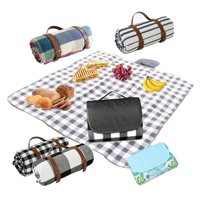 3-Layer Handy Foldable Picnic Mat with Faux Leather Carrier for Picnic Beach Black Plaid Fretime Portable Large Outdoor Picnic Blanket 57x77 Camping Mat with Waterproof & Sandproof Backing 