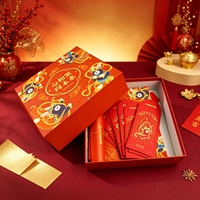Coffret Cadeau Nouvel An Rouge et Or, Boîte Rigide Carrée avec Illustration de Dessin Animé, Boîte Intérieure Caractère Fu et Ensemble Festival du Nouvel An avec Enveloppes Rouges