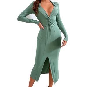 Vestido Midi Personalizado OEM de Alta Calidad para Mujer, Estilo Casual, Sexy, con Abertura, Cuello en V, Manga Larga, para Primavera y Otoño - Product Image 1