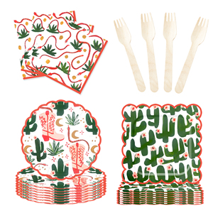 Vaisselle de fête Western Cowgirl DAMAI : Assiettes et serviettes en papier roses, thème Cowgirl et Cactus, pour 8 invités - Product Image 4