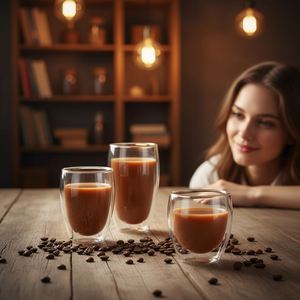 Vaso de Vidrio Borosilicato de Doble Pared Transparente de 250/350/450 ml, Personalizado y Superventas, con Tapa para Café, Capuchino, Leche y Otras Bebidas de Oficina - Product Image 1
