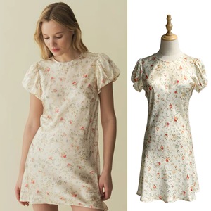 Vestido Corto de Seda con Mangas Abullonadas y Estampado Floral, Estilo Romántico Francés con Brillo Suave, Vestido Mini para Mujer - Product Image 2