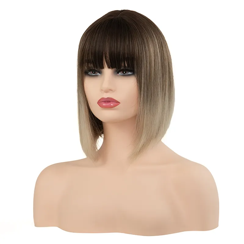 Idolla Short Synthetic Bang Bob Heat Resistant Wigs For Black Women Two Tone Color Short Cut Ombre Black Blonde Straight Hair