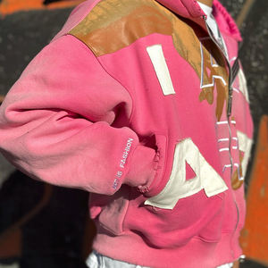 男性ヒップホップヘビーウェイトスウェットシャツ刺繍アップリケ酸ウォッシュジップアップピンクパーカー - Product Image 2