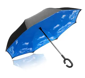 23" Inch Fiber Frame Pongee Fabric Reverse Double Layer Inverted Umbrella Upside Down Reversible Umbrella Custom