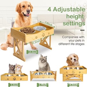Soporte de madera para alimentar mascotas con dos tazones y altura ajustable para perros y gatos - Product Image 1
