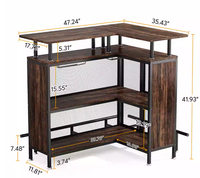 Comptoir de bar de style industriel pour la maison Table haute multifonctionnelle en forme de L avec support en verre et cadre en métal