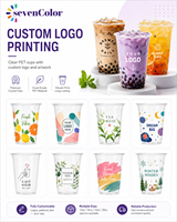 Gobelets en plastique PET jetables transparents de 98 mm avec couvercle, impression de logo personnalisée, pour café, boissons froides, thé au lait, soda, eau, emballage