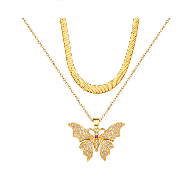 Cubic Zircon 18K Gold Plated Layer Chain Gold Customized Butterfly Necklace for Women
