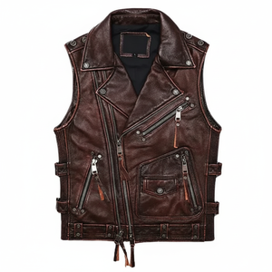 Chaleco de cuero genuino para hombre, diseño de solapa con cremallera diagonal, chaleco de piel de vaca sin mangas, servicio ODM y OEM - Product Image 1