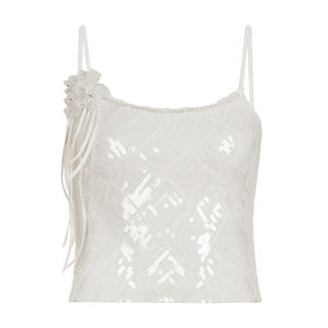 เสื้อกล้ามถักนิตติ้งน่ารัก ระบายอากาศได้ดี ประดับเลื่อมหวานๆ สำหรับผู้หญิง ชายเสื้อทรงเวฟแบบไม่สมมาตร พร้อมพู่ห้อยดอกไม้แบบถอดได้ เหมาะสำหรับงานปาร์ตี้ - Product Image 6