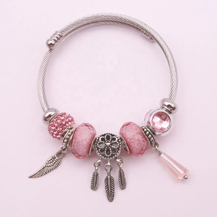 Pulseira de aço inoxidável rosa flor de couro, bracelete ajustável